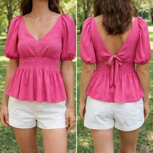 Dolan Pink Peplum Blouse Puff Sleeve Tie Back Top XXS Boho